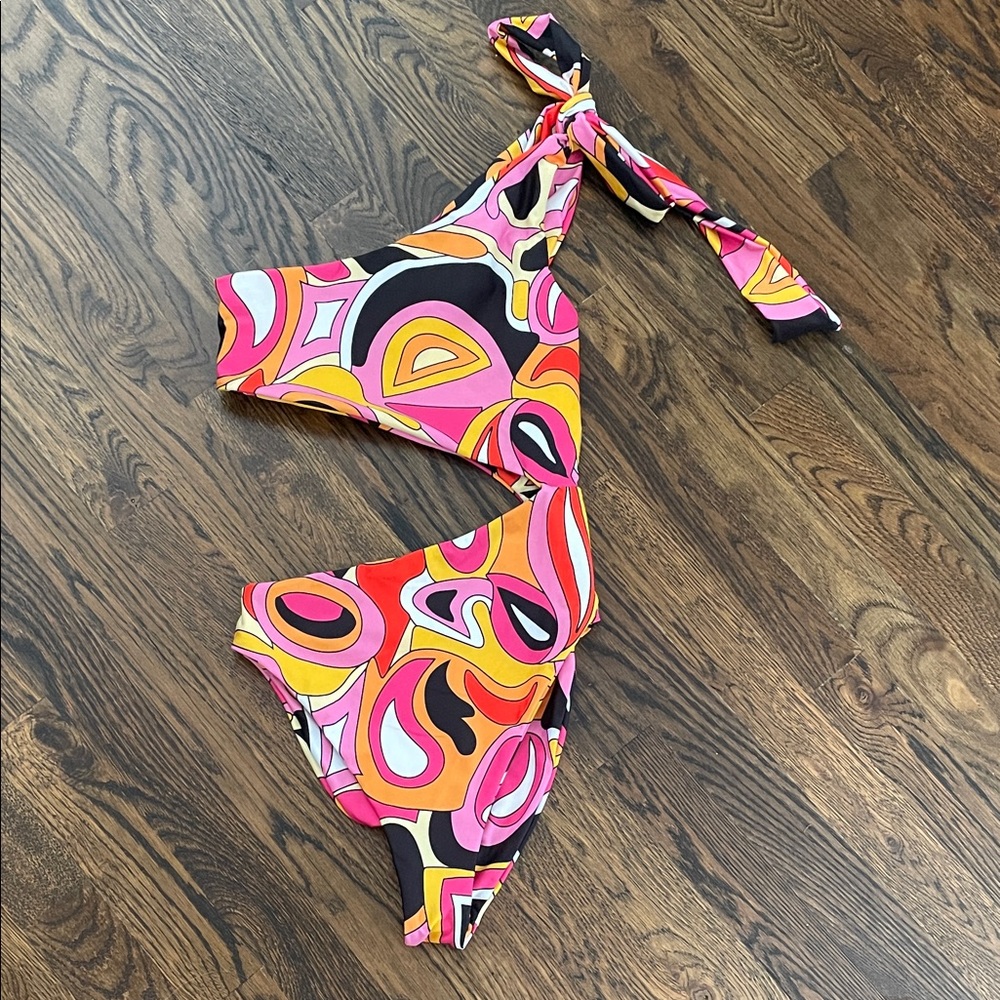 Vibrant Pink and Orange One Shoulder Swimsuit